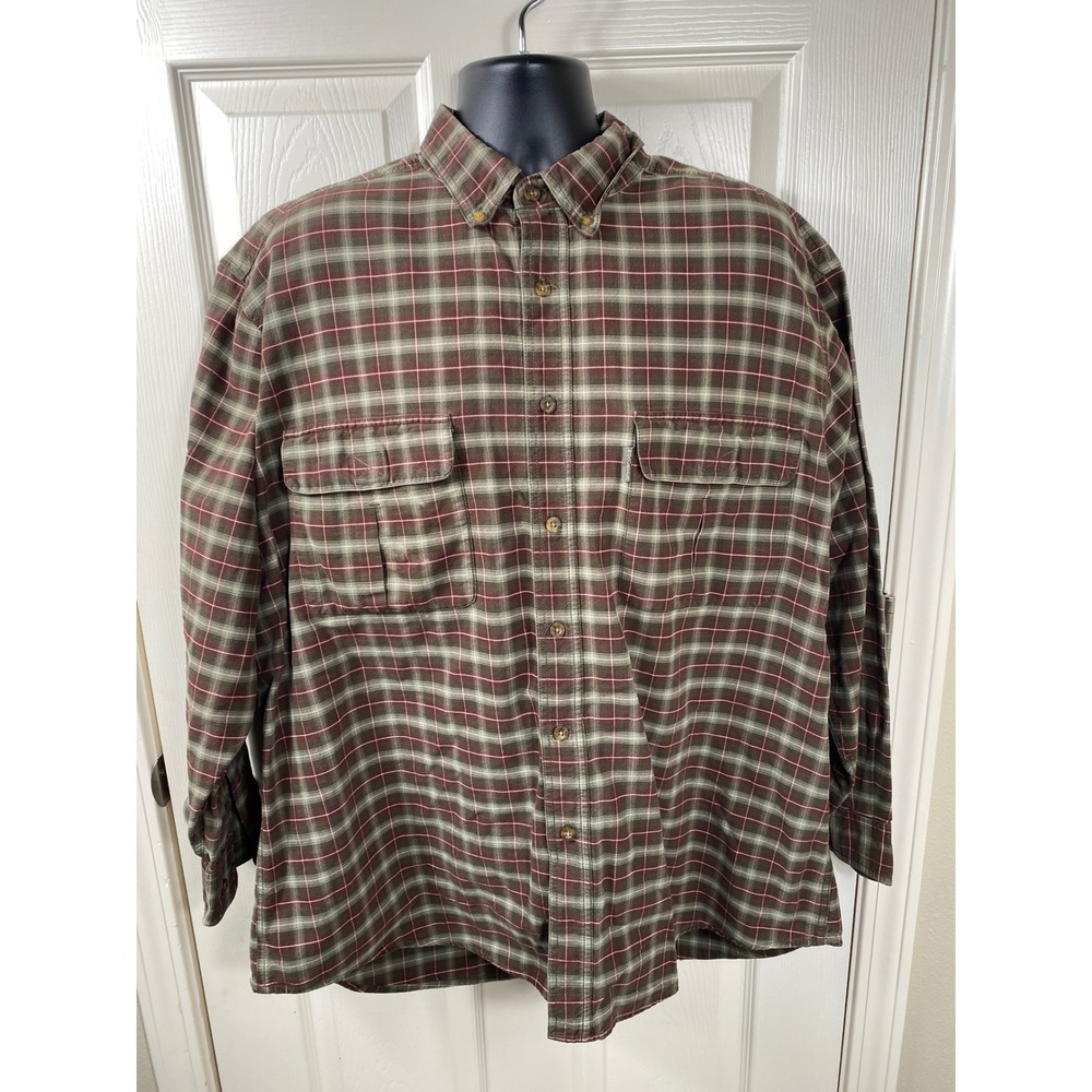 Woolrich Men XXL Plaid Flannel Shirt Lng Sleeve Brown Green Button Up Dark Logen
